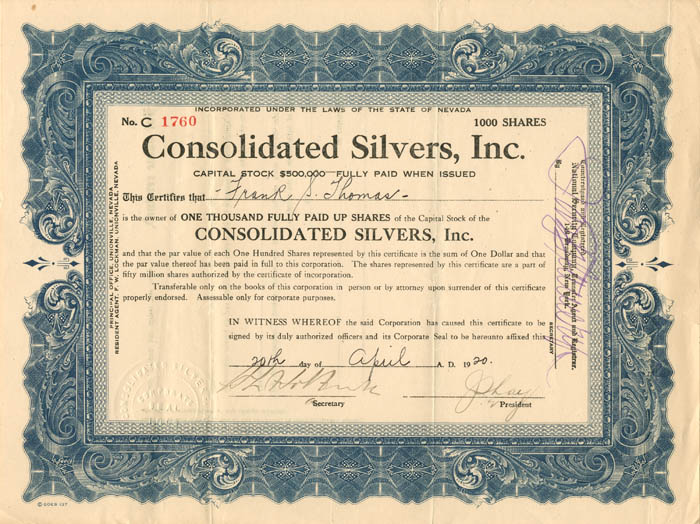 Consolidated Silvers, Inc. - Nevada Mining Stock Certificate